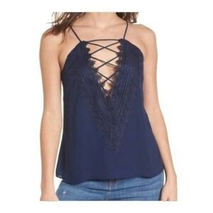 WAYF Posie Strappy Lace V-Neck Camisole Tank Top Navy Blue Size Small Chiffon